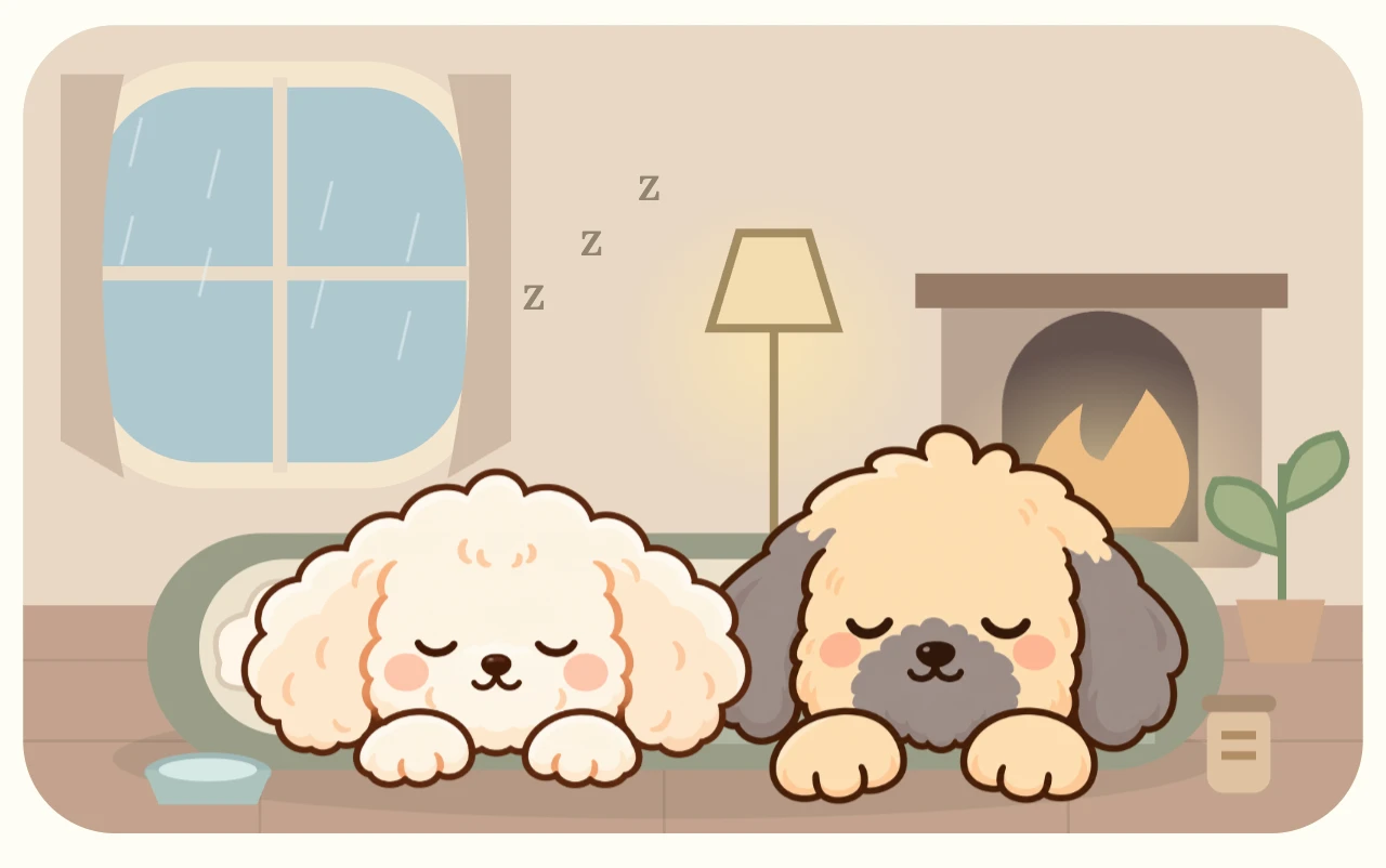 Actual Quiet Paws Rainy Reading Retreat fireside corner with sleeping Mochi and Harley and warm fireplace light