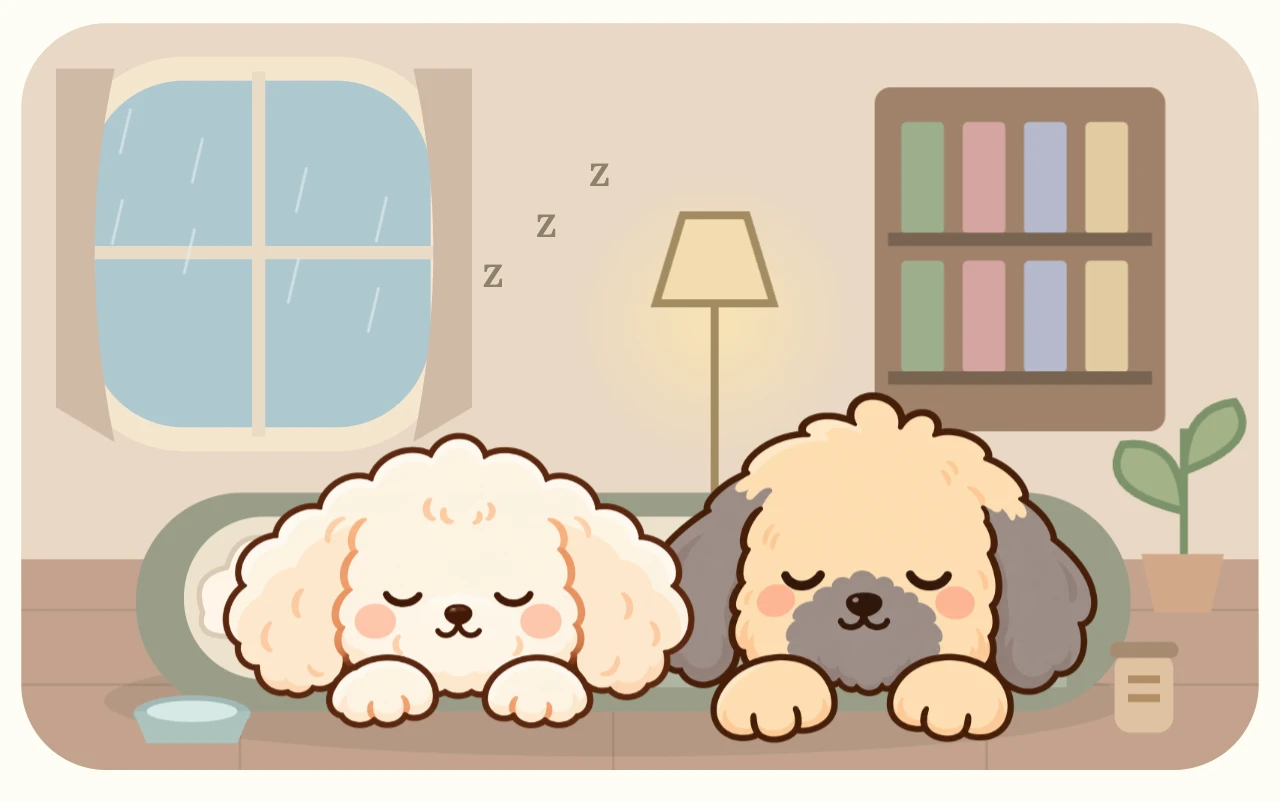 Actual Quiet Paws Rainy Reading Retreat window-side nook with sleeping Mochi and Harley, books and coordinated accessories